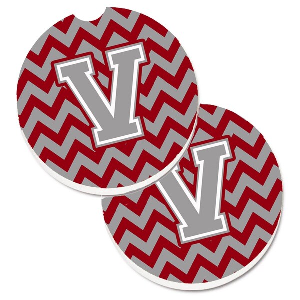Carolines Treasures Letter V Chevron Crimson and Grey Set of 2 Cup Holder Car Coaster CJ1043-VCARC - main